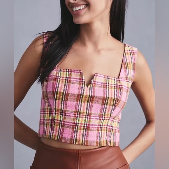 Anthropologie Pink Plaid Maeve Structured Corset Top 12 - Picture 2 of 4